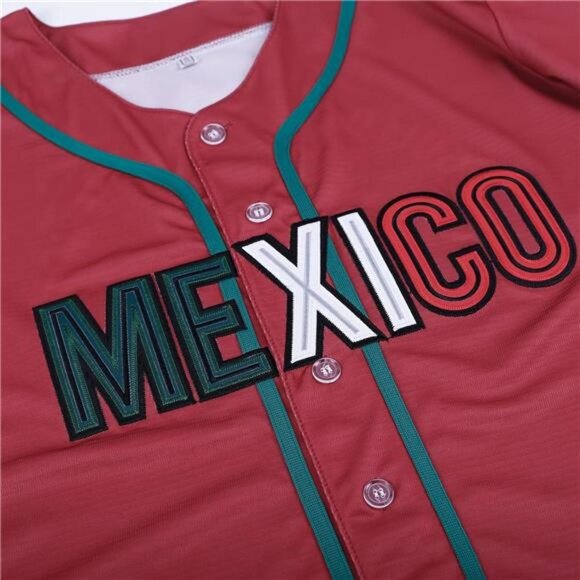 NEW Men's Mexico Red Short Sleeve Baseball Jersey with Mexican Flag Button Down - Picture 5 of 8